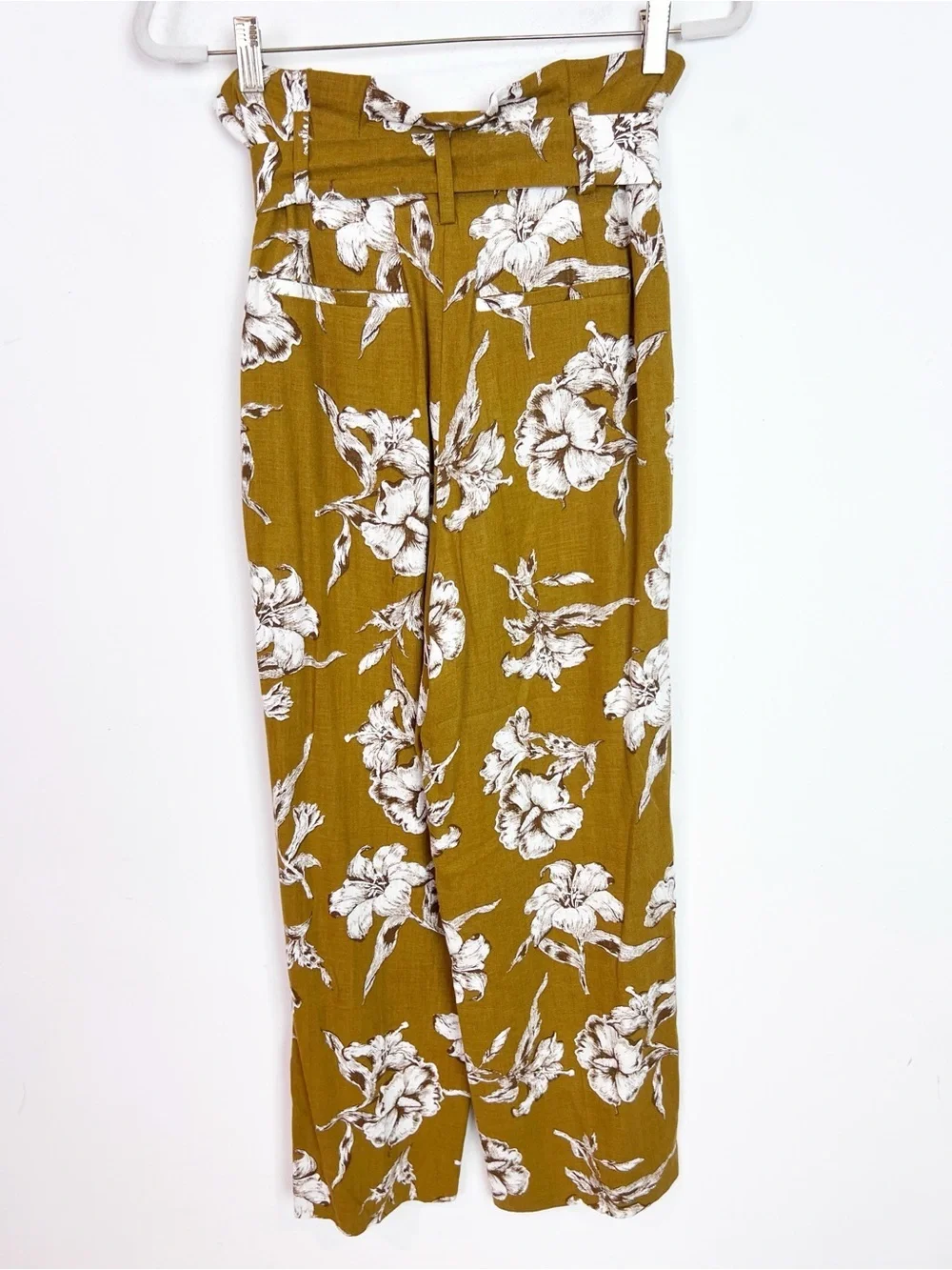 ZARA MUSTARD YELLOW WHITE FLORAL WIDE LEG PANTS TIE BELT WOMENS XS